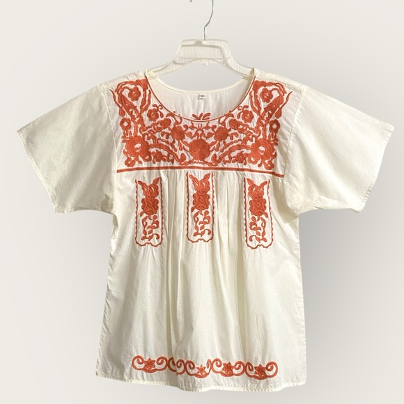 Tops - Cream & orange floral embroidered blouse - Sz M